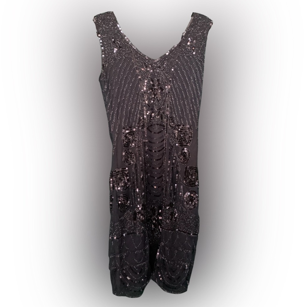 20s Flapper Inspo PrettyGuide Navy Blue Sequin Beaded Sleeveless Dress Size M